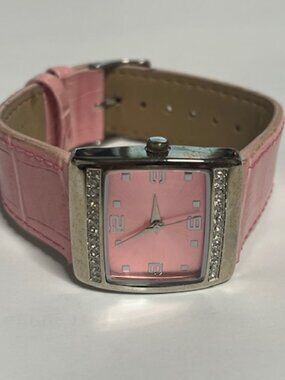 Mary Kay Pink Ladies' Watch Rhinestones Square Face Silver Tone Textured Band